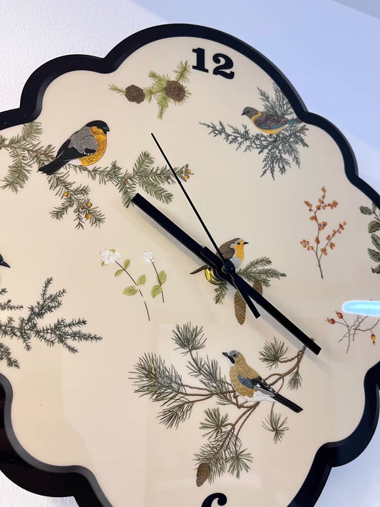 birds leaf black and white clock