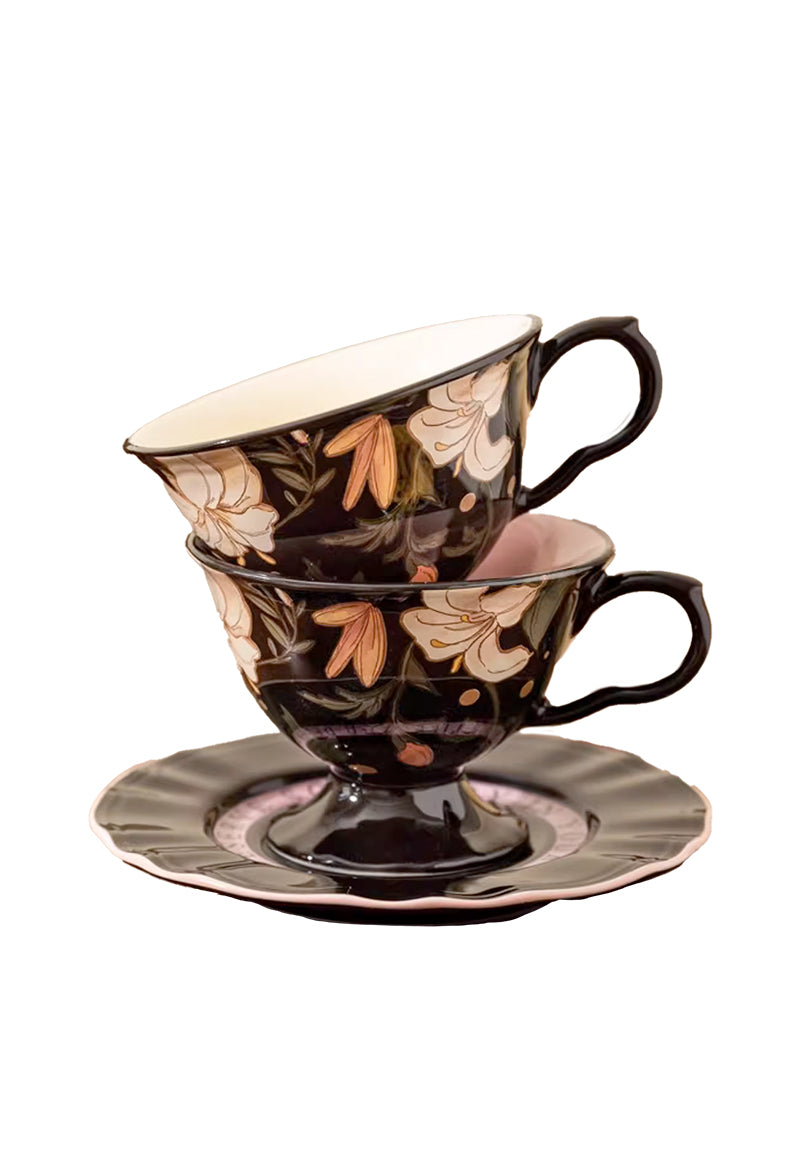 black coffee cup with flower