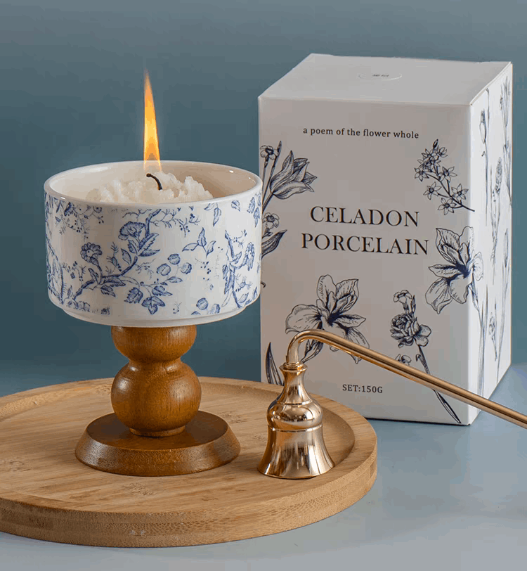 blue white porcelein candle lit up