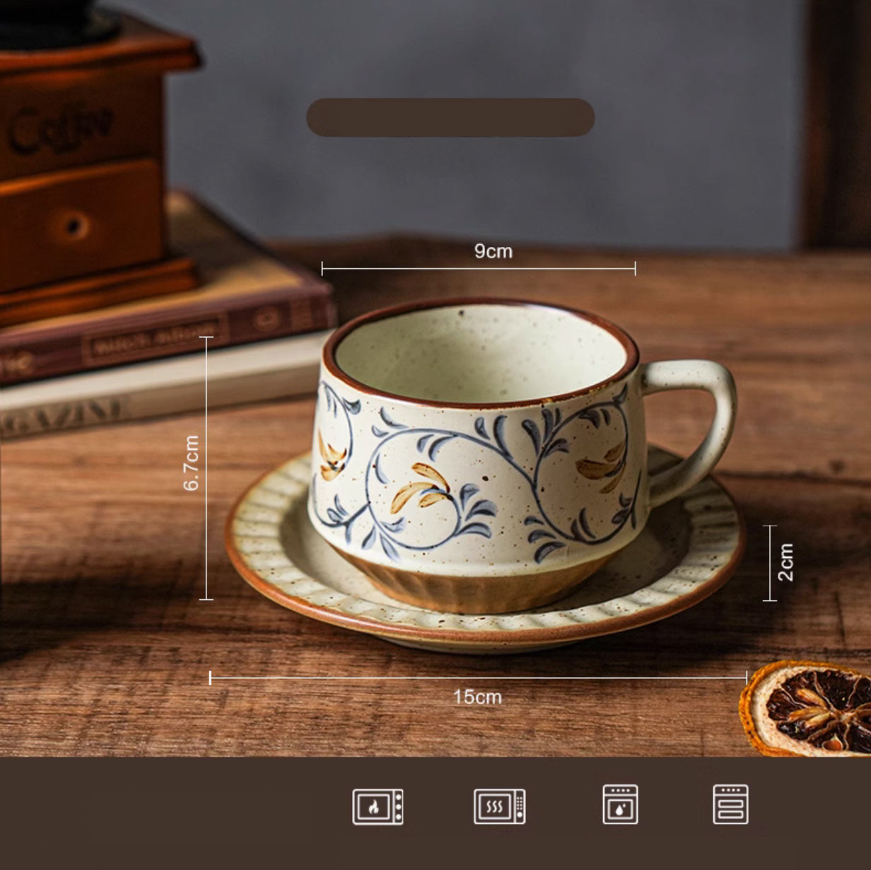 floral cup on wood table