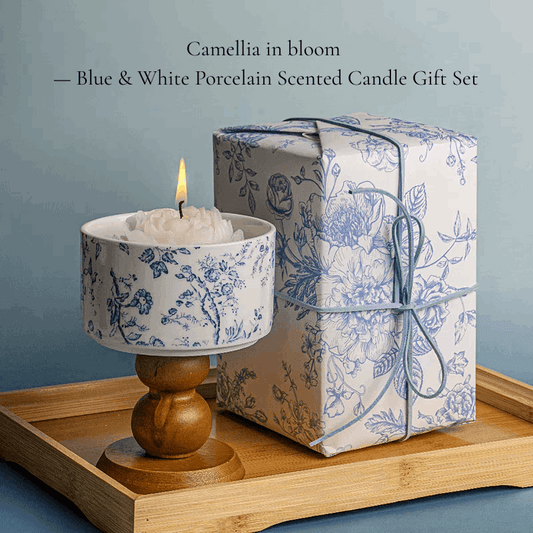 white and blue floral porcelain rose design candle with gift box