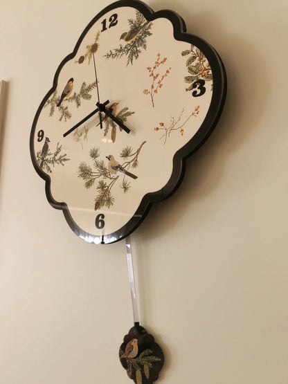 birds leaf black and white swinging clock