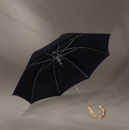 black umbrella with wood handle