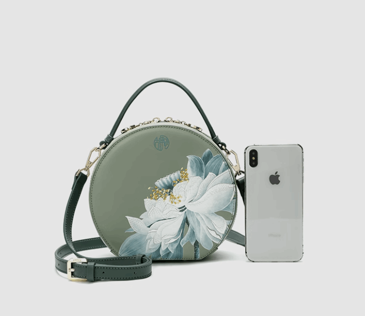 Jade green white floral bag side view phone comparison