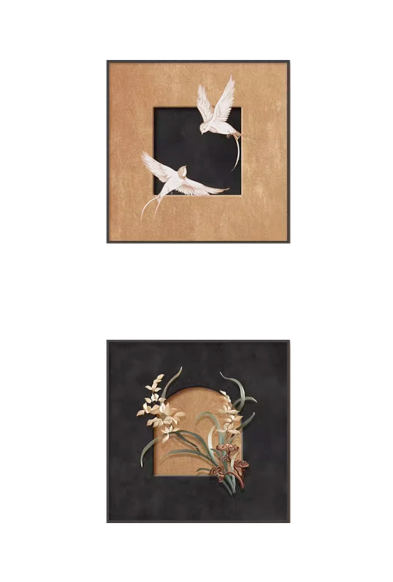 bird square portrait and 3d flower painting