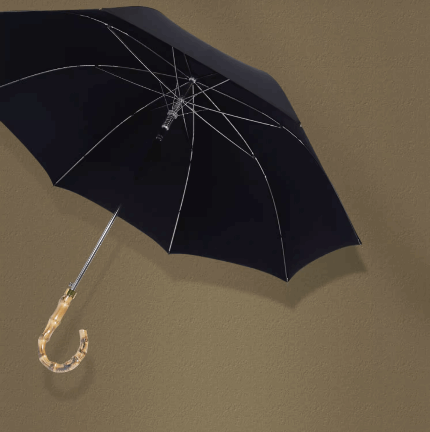 black umbrella with wood handle