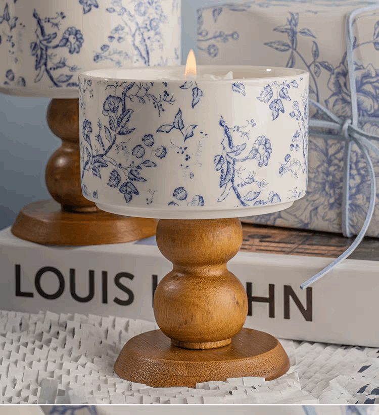 blue white porcelein candle