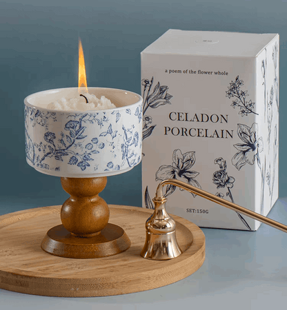 blue white porcelein candle lit up