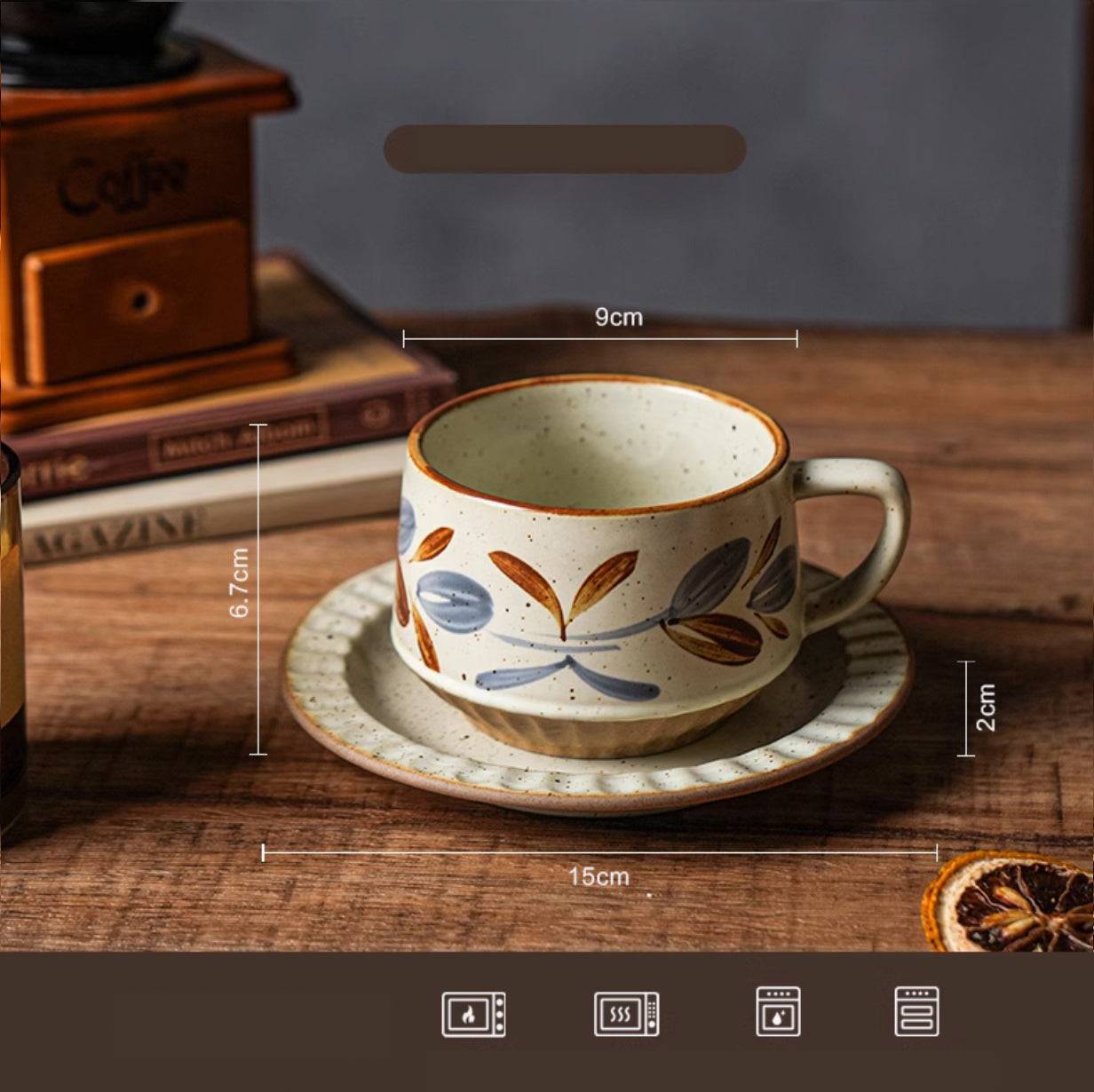 brown blue leaf cup on wood table