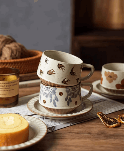  brown design cup on top of blue white floral cup mocha set
