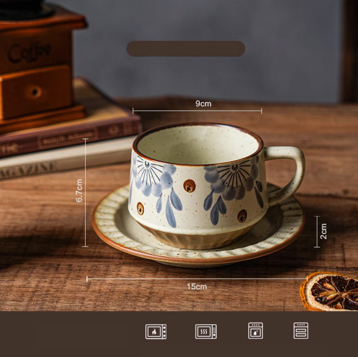 brown blue floral leaf cup on wood table