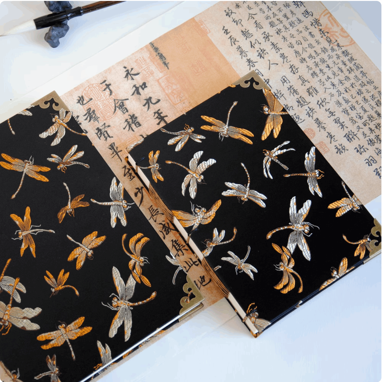 dragon fly notebook different size on table with many chinese words