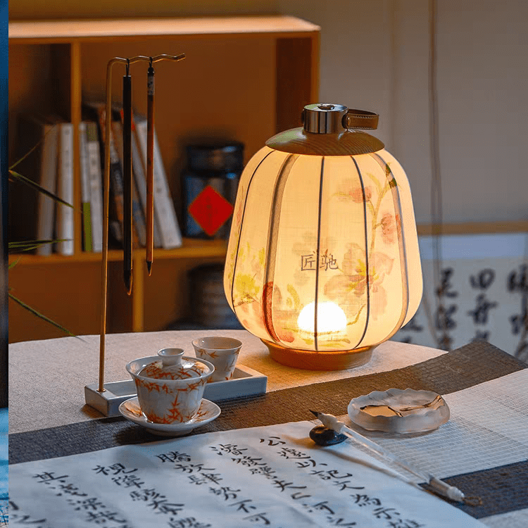 floral lamp lattern lit on table