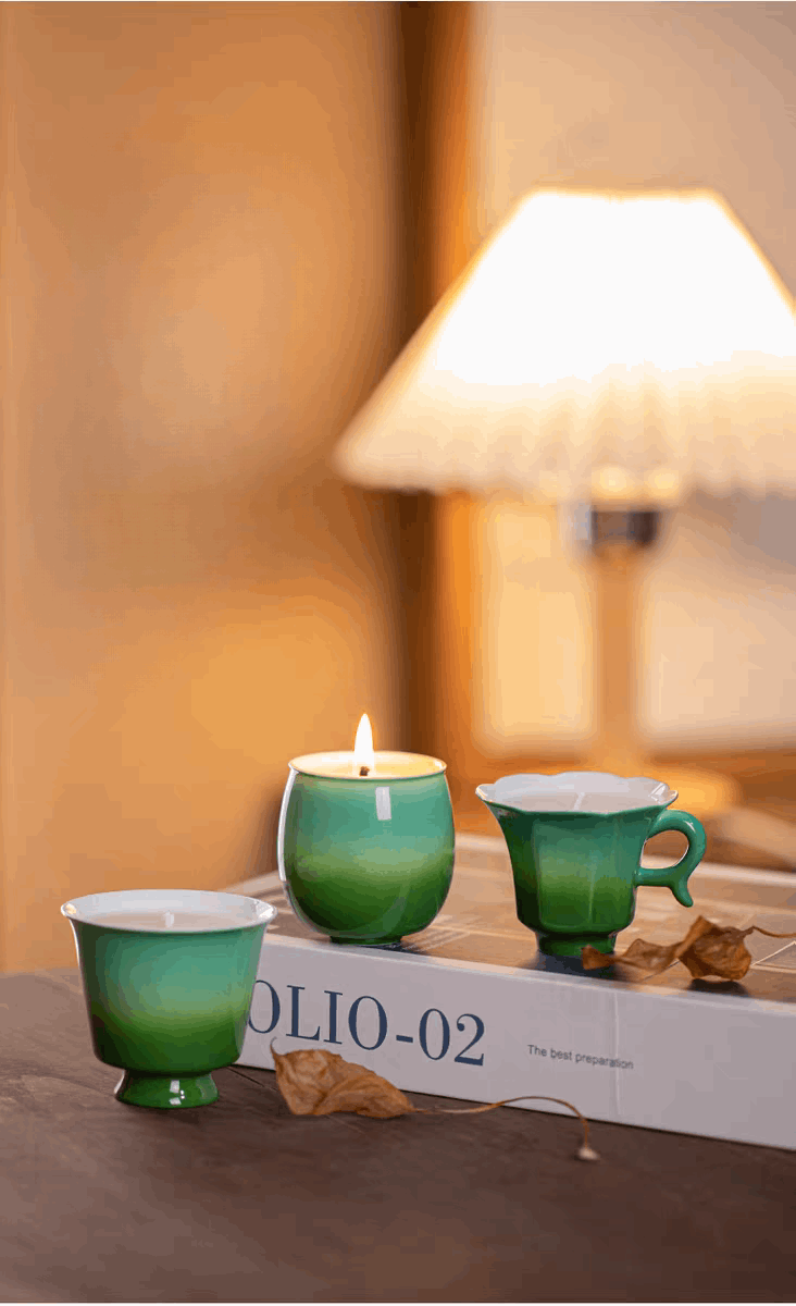 green candles lit up on table
