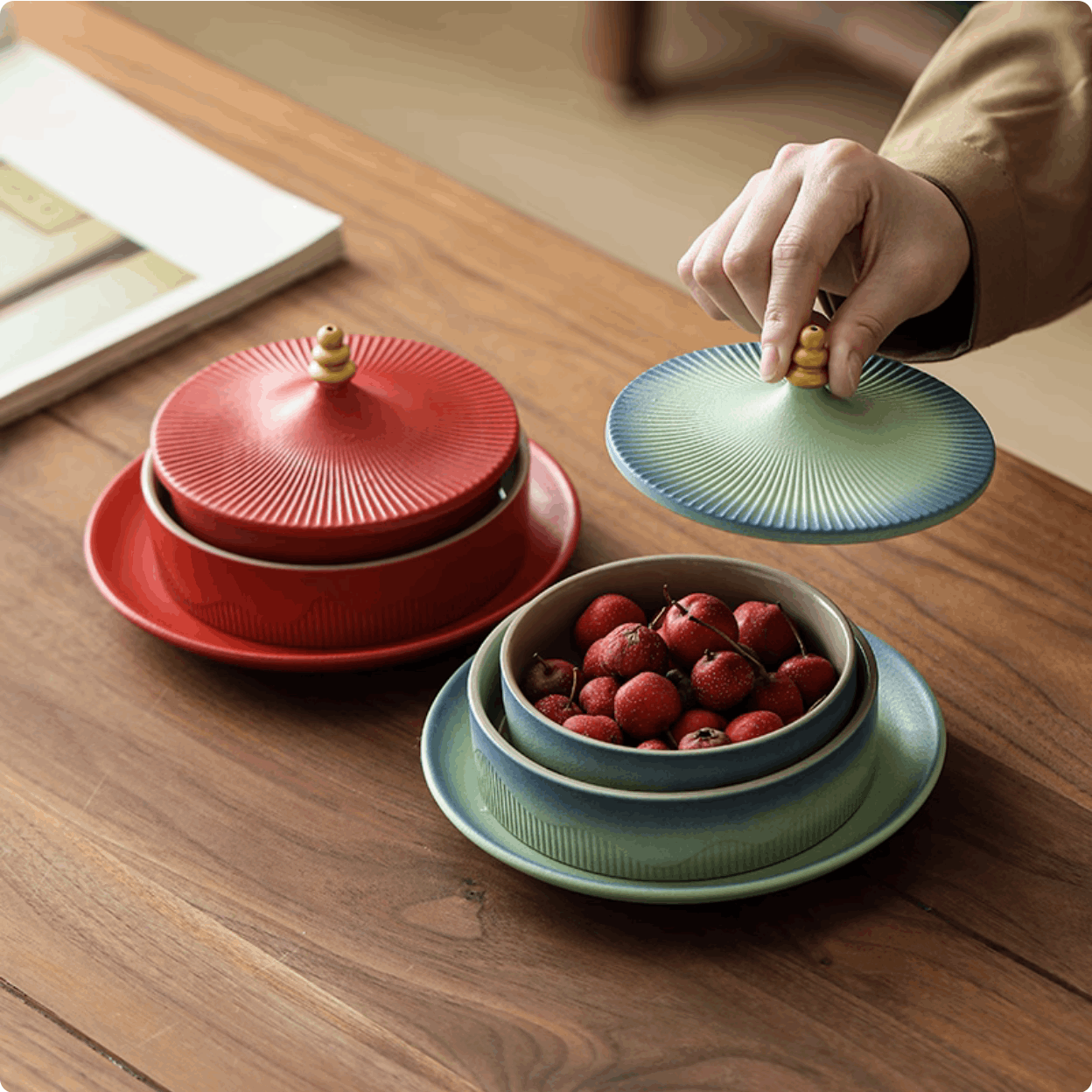 holding green serving platter lit