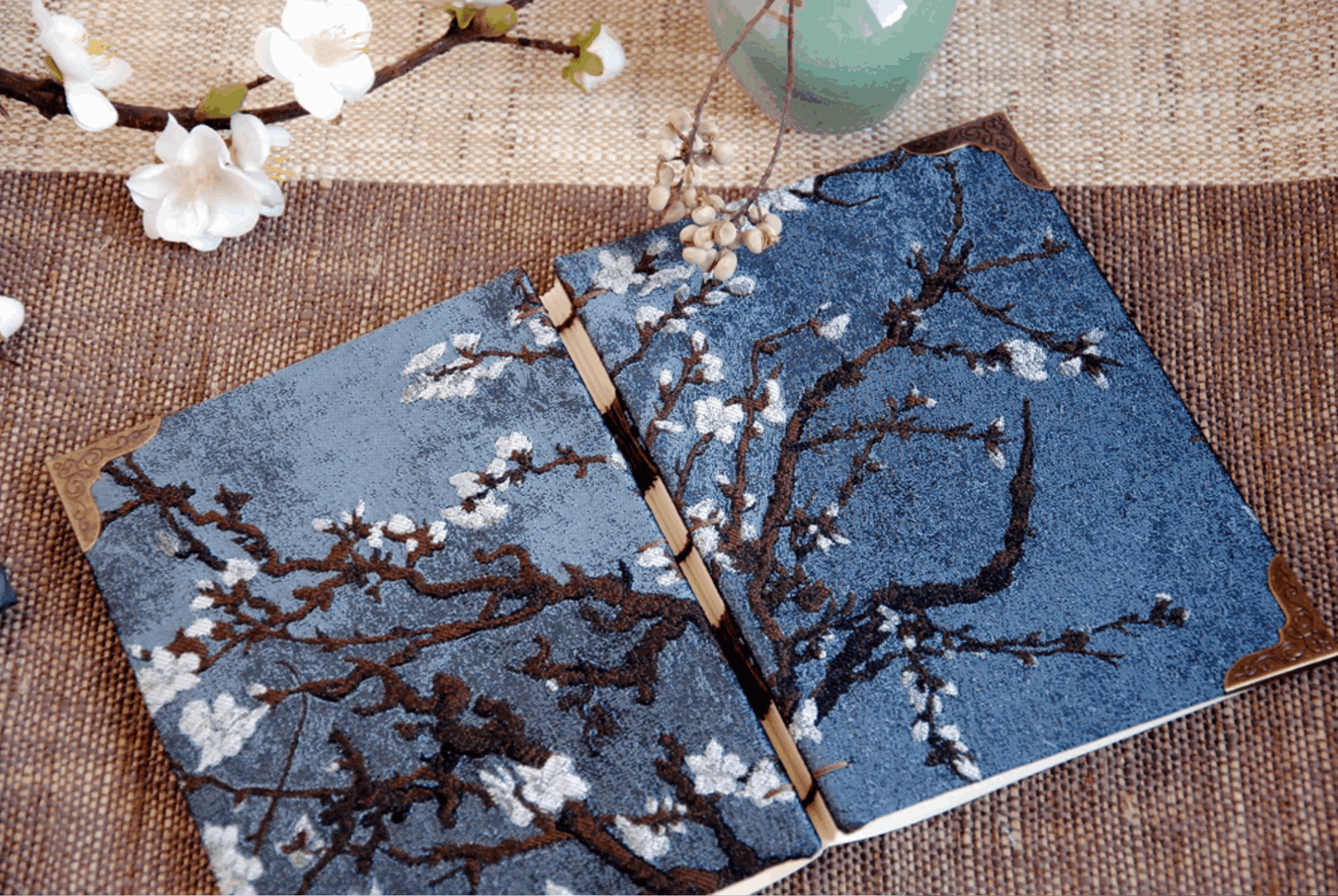 blue with white plum notebook